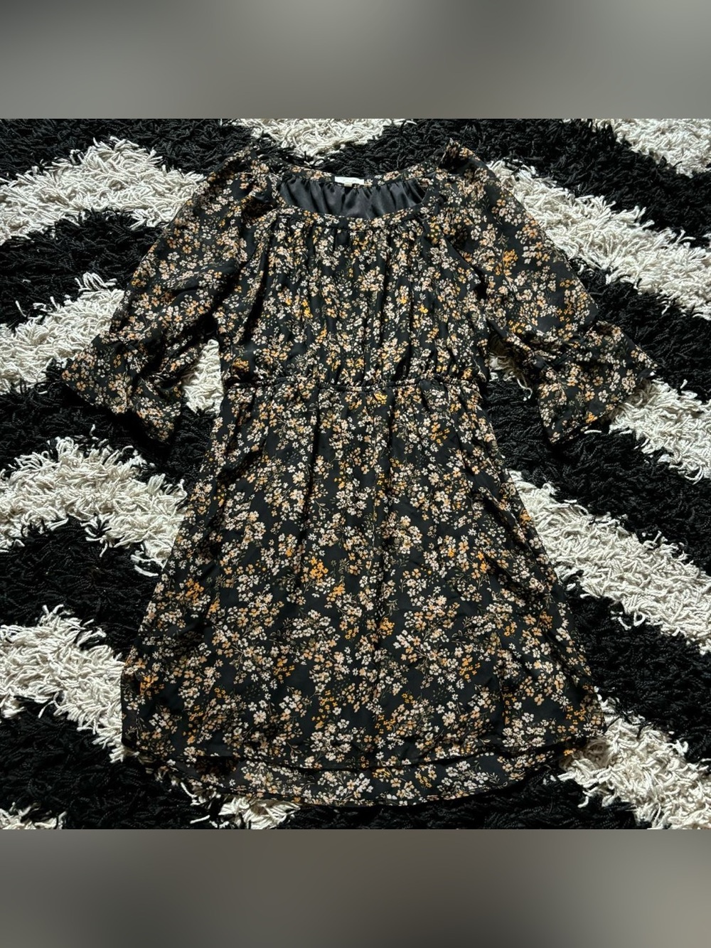 Maurices Black Yellow Multicolor Floral Flowy 1/2 Sleeve Midi Dress Women’s Med
